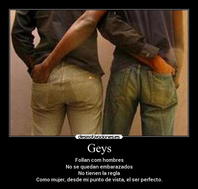 Geys - Follan com hombres
No se quedan embarazados
No tienen la regla
Como mujer, desde mi punto de vista, el ser perfecto.