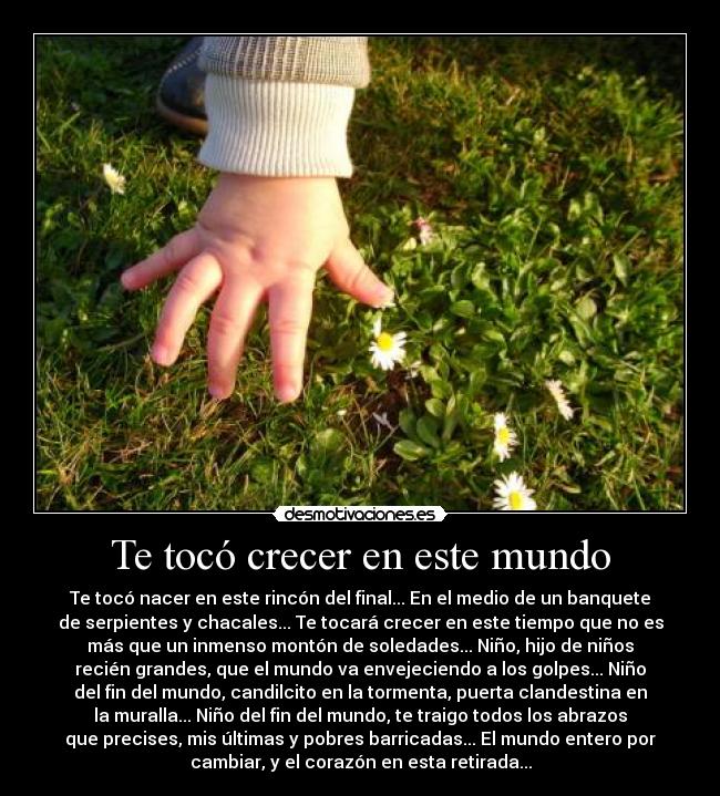 Te tocó crecer en este mundo - Te tocó nacer en este rincón del final... En el medio de un banquete
de serpientes y chacales... Te tocará crecer en este tiempo que no es
más que un inmenso montón de soledades... Niño, hijo de niños
recién grandes, que el mundo va envejeciendo a los golpes... Niño
del fin del mundo, candilcito en la tormenta, puerta clandestina en
la muralla... Niño del fin del mundo, te traigo todos los abrazos
que precises, mis últimas y pobres barricadas... El mundo entero por
cambiar, y el corazón en esta retirada...