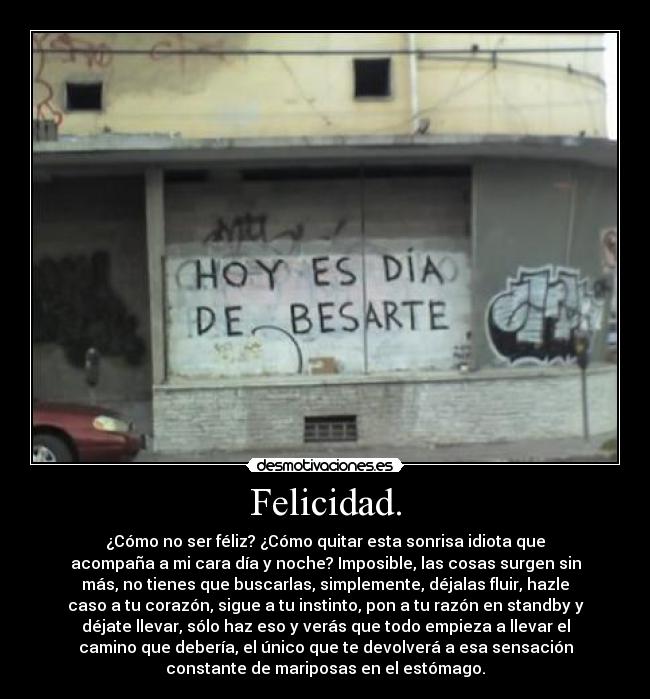 Felicidad. - ¿Cómo no ser féliz? ¿Cómo quitar esta sonrisa idiota que
acompaña a mi cara día y noche? Imposible, las cosas surgen sin
más, no tienes que buscarlas, simplemente, déjalas fluir, hazle
caso a tu corazón, sigue a tu instinto, pon a tu razón en standby y
déjate llevar, sólo haz eso y verás que todo empieza a llevar el
camino que debería, el único que te devolverá a esa sensación
constante de mariposas en el estómago.