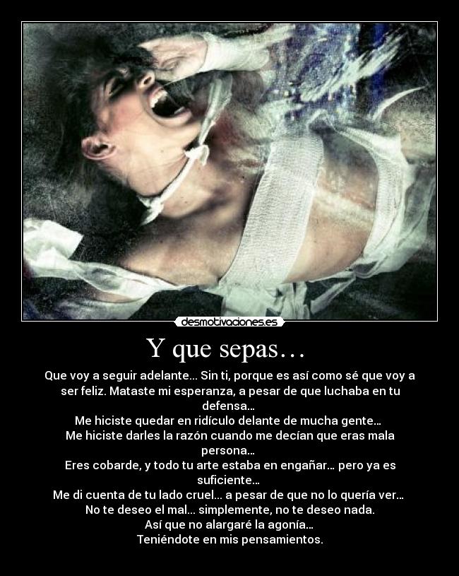 Y que sepas… - Que voy a seguir adelante... Sin ti, porque es así como sé que voy a
ser feliz. Mataste mi esperanza, a pesar de que luchaba en tu
defensa…
Me hiciste quedar en ridículo delante de mucha gente…
Me hiciste darles la razón cuando me decían que eras mala
persona…
Eres cobarde, y todo tu arte estaba en engañar… pero ya es
suficiente…
Me di cuenta de tu lado cruel... a pesar de que no lo quería ver…
No te deseo el mal... simplemente, no te deseo nada.
Así que no alargaré la agonía…
Teniéndote en mis pensamientos.