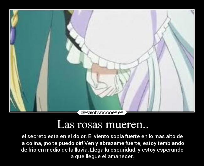 Las rosas mueren.. - el secreto esta en el dolor. El viento sopla fuerte en lo mas alto de
la colina, ¡no te puedo oir! Ven y abrazame fuerte, estoy temblando
de frio en medio de la lluvia. Llega la oscuridad, y estoy esperando
a que llegue el amanecer.