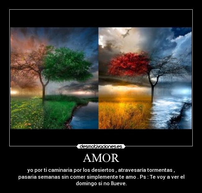AMOR - yo por ti caminaria por los desiertos , atravesaría tormentas ,
pasaria semanas sin comer simplemente te amo . Ps : Te voy a ver el
domingo si no llueve.