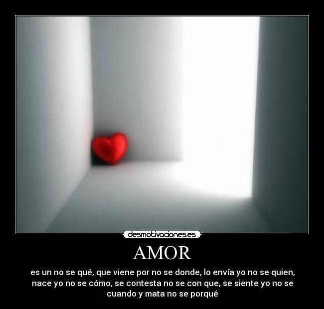 AMOR - es un no se qué, que viene por no se donde, lo envía yo no se quien,
nace yo no se cómo, se contesta no se con que, se siente yo no se
cuando y mata no se porqué
