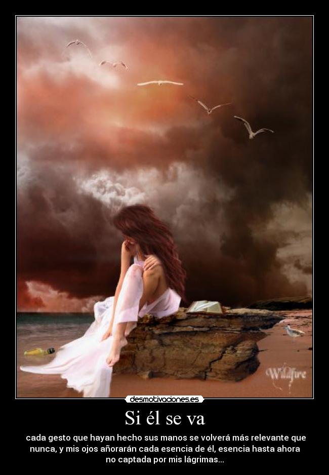 Si él se va - cada gesto que hayan hecho sus manos se volverá más relevante que
nunca, y mis ojos añorarán cada esencia de él, esencia hasta ahora
no captada por mis lágrimas...