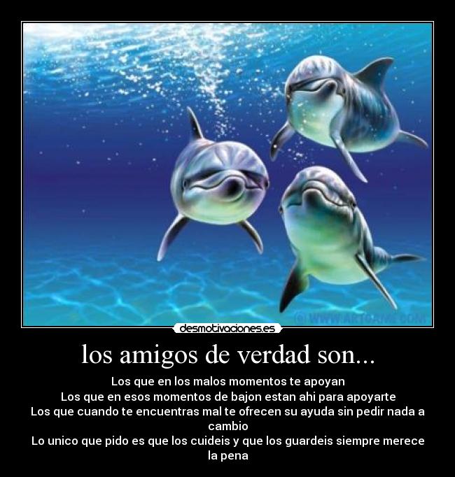 los amigos de verdad son... - Los que en los malos momentos te apoyan
Los que en esos momentos de bajon estan ahi para apoyarte
Los que cuando te encuentras mal te ofrecen su ayuda sin pedir nada a cambio
Lo unico que pido es que los cuideis y que los guardeis siempre merece la pena