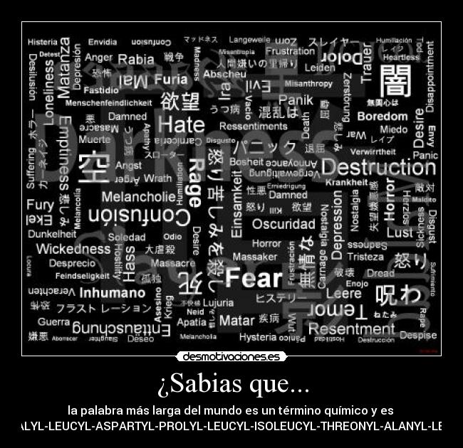 ¿Sabias que... - la palabra más larga del mundo es un término químico y es
ACETYLSERYLTYROSYLSERYLISOLEUCYLTHREONYLSERYLPROLYLSERYLGLUTAMINYLPHENYLALANYLVALYLPHENYLALANYLLEUCYLSERYLSERYLVALYLTRYPTOPHYLALANYLASPARTYLPROLYLISOLEUCYLGLUTAMYLLEUCYLLEUCYLASPARAGINYLVALYLCYSTEINYLTHREONYLSERYLSERYLLEUCYLGLYCYLASPARAGINYLGLUTAMINYLPHENYLALANYLGLUTAMINYLTHREONYLGLUTAMINYLGLUTAMINYLALANYLARGINYLTHREONYLTHREONYLGLUTAMINYLVALYLGLUTAMINYLGLUTAMINYLPHENYLALANYLSERYLGLUTAMINYLVALYLTRYPTOPHYLLYSYLPROLYLPHENYLALANYLPROLYLGLUTAMINYLSERYLTHREONYLVALYLARGINYLPHENYLALANYLPROLYLGLYCYLASPARTYLVALYLTYROSYLLYSYLVALYLTYROSYLARGINYLTYROSYLASPARAGINYLALANYLVALYLLEUCYLASPARTYLPROLYLLEUCYLISOLEUCYLTHREONYLALANYLLEUCYLLEUCYLGLYCYLTHREONYLPHENYLALANYLASPARTYLTHREONYLARGINYLASPARAGINYLARGINYLISOLEUCYLISOLEUCYLGLUTAMYLVALYLGLUTAMYLASPARAGINYLGLUTAMINYLGLUTAMINYLSERYLPROLYLTHREONYLTHREONYLALANYLGLUTAMYLTHREONYLLEUCYLASPARTYLALANYLTHREONYLARGINYLARGINYLVALYLASPARTYLASPARTYLALANYLTHREONYLVALYLALANYLISOLEUCYLARGINYLSERYLALANYLASPARAGINYLISOLEUCYLASPARAGINYLLEUCYLVALYLASPARAGINYLGLUTAMYLLEUCYLVALYLARGINYLGLYCYLTHREONYLGLYCYLLEUCYLTYROSYLASPARAGINYLGLUTAMINYLASPARAGINYLTHREONYLPHENYLALANYLGLUTAMYLSERYLMETHIONYLSERYLGLYCYLLEUCYLVALYLTRYPTOPHYLTHREONYLSERYLALANYLPROLYLALANYLSERINE?