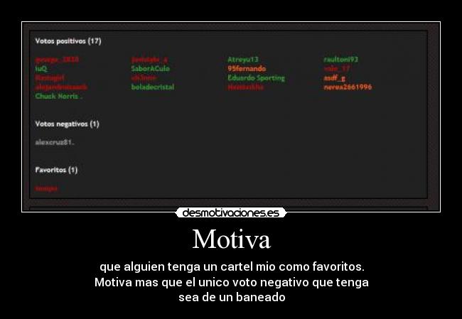 Motiva - que alguien tenga un cartel mio como favoritos.
Motiva mas que el unico voto negativo que tenga
sea de un baneado