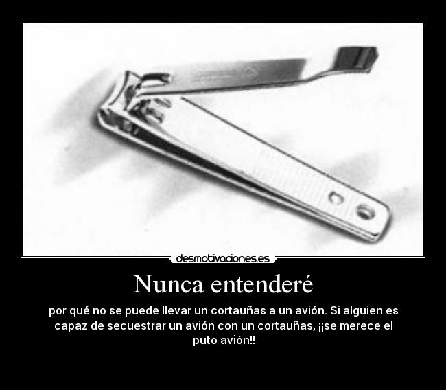 Nunca entenderé - por qué no se puede llevar un cortauñas a un avión. Si alguien es
capaz de secuestrar un avión con un cortauñas, ¡¡se merece el
puto avión!!

