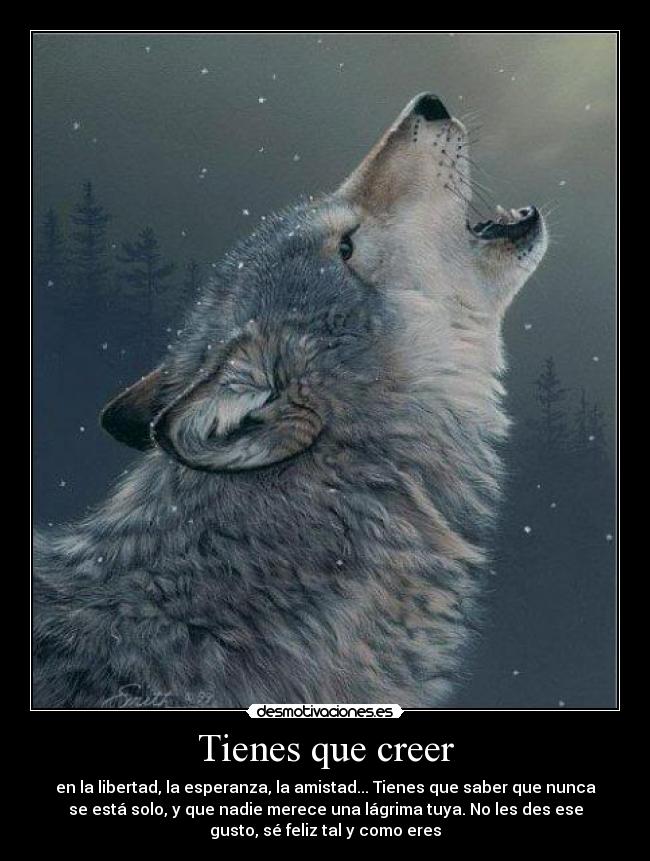 Tienes que creer - en la libertad, la esperanza, la amistad... Tienes que saber que nunca
se está solo, y que nadie merece una lágrima tuya. No les des ese
gusto, sé feliz tal y como eres