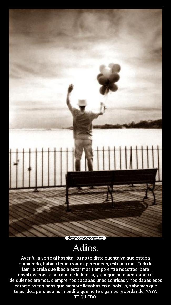 Adios. - Ayer fui a verte al hospital, tu no te diste cuenta ya que estaba
durmiendo, habias tenido varios percances, estabas mal. Toda la
familia creia que ibas a estar mas tiempo entre nosotros, para
nosotros eras la patrona de la familia, y aunque ni te acordabas ni
de quienes eramos, siempre nos sacabas unas sonrisas y nos dabas esos
caramelos tan ricos que siempre llevabas en el bolsillo, sabemos que
te as ido... pero eso no impedira que no te sigamos recordando. YAYA
TE QUIERO.