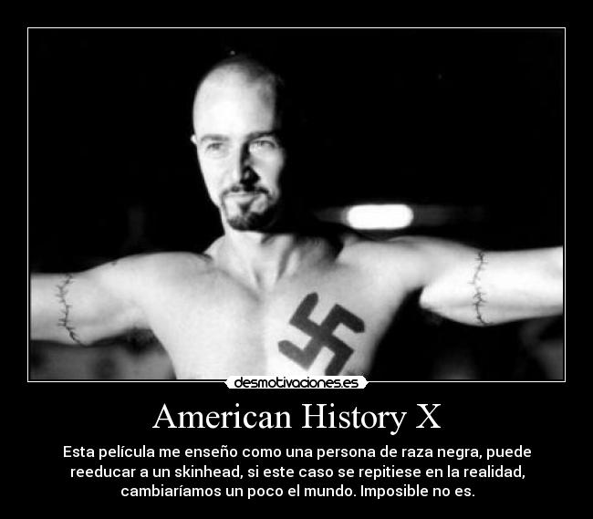 American History X - Esta película me enseño como una persona de raza negra, puede
reeducar a un skinhead, si este caso se repitiese en la realidad,
cambiaríamos un poco el mundo. Imposible no es.