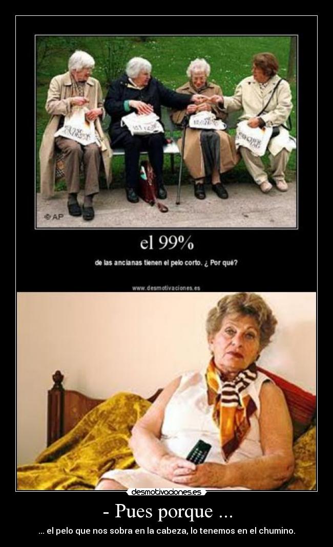 - Pues porque ... - ... el pelo que nos sobra en la cabeza, lo tenemos en el chumino.