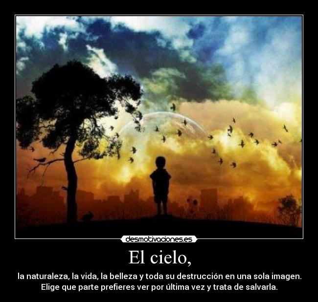 El cielo, - la naturaleza, la vida, la belleza y toda su destrucción en una sola imagen.
Elige que parte prefieres ver por última vez y trata de salvarla.