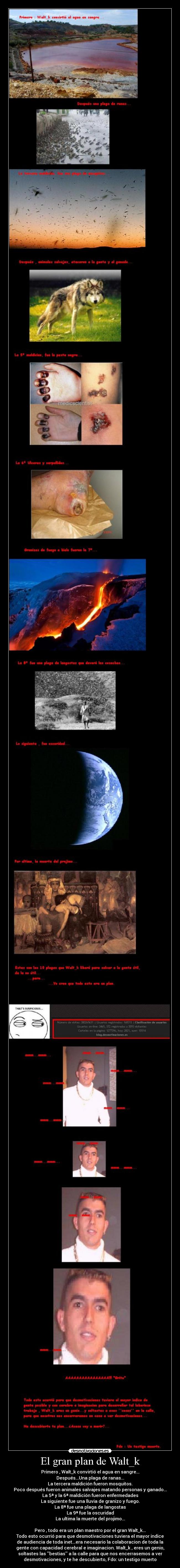 El gran plan de Walt_k - Primero , Walt_k convirtió el agua en sangre...
Después...Una plaga de ranas...
La tercera maldición fueron mosquitos.
Poco después fueron animales salvajes matando personas y ganado...
La 5ª y la 6ª maldición fueron enfermedades
La siguiente fue una lluvia de granizo y fuego.
La 8ª fue una plaga de langostas
La 9ª fue la oscuridad
La ultima la muerte del projimo...

Pero , todo era un plan maestro por el gran Walt_k...
Todo esto ocurrió para que desmotivaciones tuviera el mayor indice
de audiencia de toda inet...era necesario la colaboracion de toda la
gente con capacidad cerebral e imaginacion. Walt_k , eres un genio,
soltastes las bestias a la calle para que nos encerrasemos a ver
desmotivaciones, y te he descubierto, Fdo: un testigo muerto