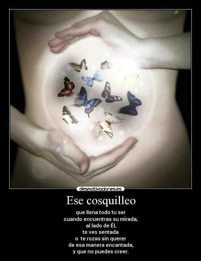 Ese cosquilleo - que llena todo tu ser
cuando encuentras su mirada,
 al lado de ÉL
te ves sentada
o  te rozas sin querer
de esa manera encantada,
y que no puedes creer.