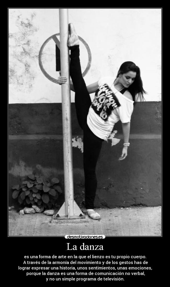 La danza - es una forma de arte en la que el lienzo es tu propio cuerpo.
A través de la armonía del movimiento y de los gestos has de
lograr expresar una historia, unos sentimientos, unas emociones,
porque la danza es una forma de comunicación no verbal,
y no un simple programa de televisión.