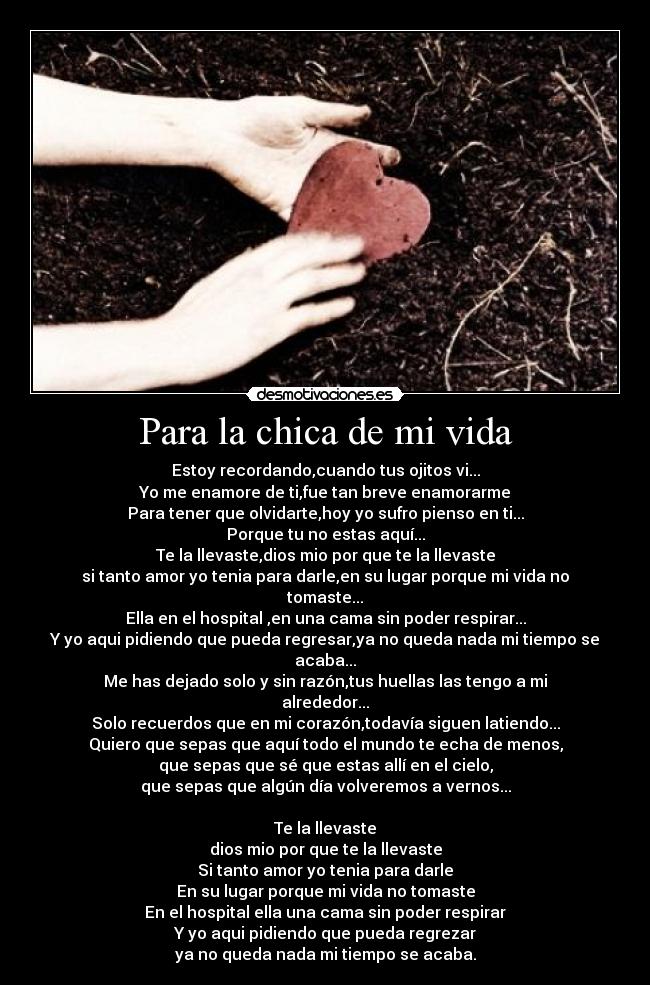 Para la chica de mi vida - Estoy recordando,cuando tus ojitos vi...
Yo me enamore de ti,fue tan breve enamorarme
Para tener que olvidarte,hoy yo sufro pienso en ti...
Porque tu no estas aquí...
Te la llevaste,dios mio por que te la llevaste
si tanto amor yo tenia para darle,en su lugar porque mi vida no tomaste...
Ella en el hospital ,en una cama sin poder respirar...
Y yo aqui pidiendo que pueda regresar,ya no queda nada mi tiempo se acaba...
Me has dejado solo y sin razón,tus huellas las tengo a mi alrededor...
Solo recuerdos que en mi corazón,todavía siguen latiendo...
Quiero que sepas que aquí todo el mundo te echa de menos,
que sepas que sé que estas allí en el cielo,
que sepas que algún día volveremos a vernos...

Te la llevaste
dios mio por que te la llevaste
Si tanto amor yo tenia para darle
En su lugar porque mi vida no tomaste
En el hospital ella una cama sin poder respirar
Y yo aqui pidiendo que pueda regrezar
ya no queda nada mi tiempo se acaba.