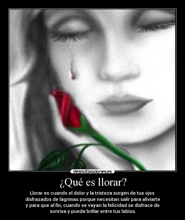 ¿Qué es llorar? - Llorar es cuando el dolor y la tristeza surgen de tus ojos
disfrazados de lágrimas porque necesitan salir para aliviarte
y para que al fin, cuando se vayan la felicidad se disfrace de
sonrisa y pueda brillar entre tus labios.