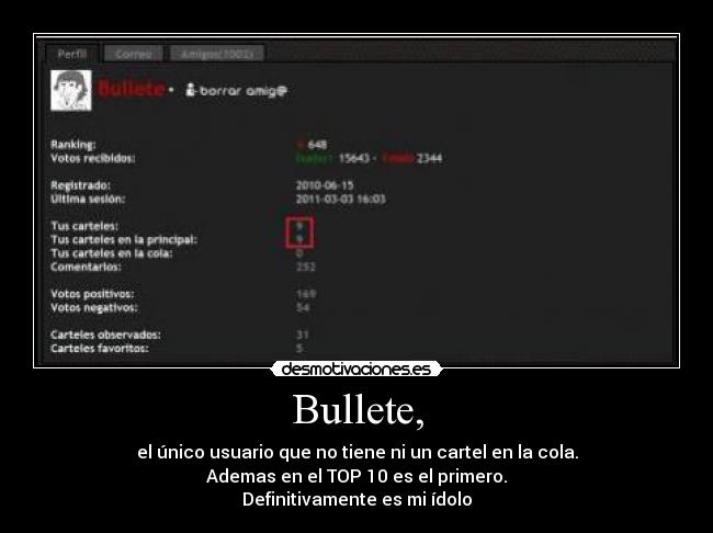 Bullete, - el único usuario que no tiene ni un cartel en la cola.
Ademas en el TOP 10 es el primero.
Definitivamente es mi ídolo