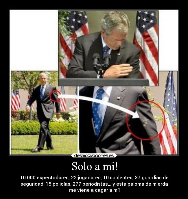 Solo a mi! - 10.000 espectadores, 22 jugadores, 10 suplentes, 37 guardias de
seguridad, 15 policías, 277 periodistas... y esta paloma de mierda
me viene a cagar a mí!