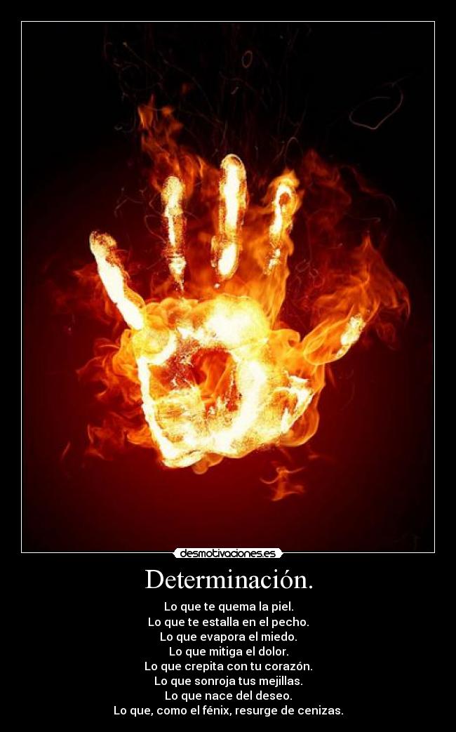 Determinación. - Lo que te quema la piel.
Lo que te estalla en el pecho.
Lo que evapora el miedo.
Lo que mitiga el dolor.
Lo que crepita con tu corazón.
Lo que sonroja tus mejillas.
Lo que nace del deseo.
Lo que, como el fénix, resurge de cenizas.