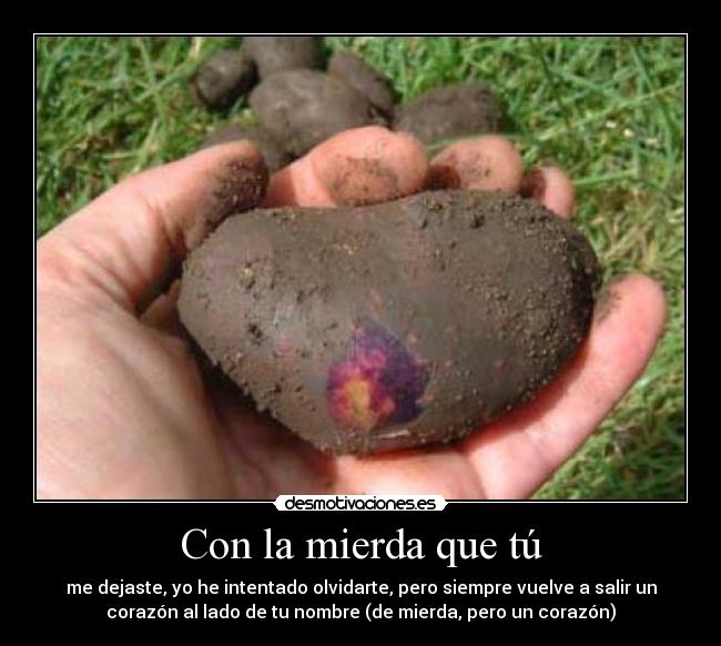 Con la mierda que tú - me dejaste, yo he intentado olvidarte, pero siempre vuelve a salir un
corazón al lado de tu nombre (de mierda, pero un corazón)