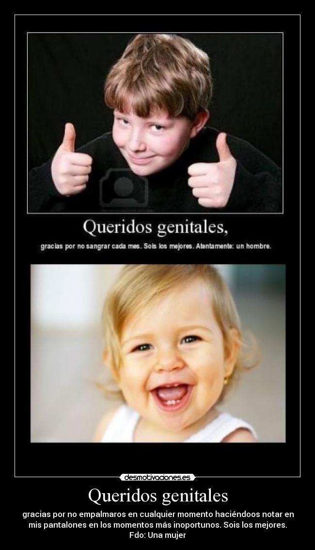 Queridos genitales - gracias por no empalmaros en cualquier momento haciéndoos notar en
mis pantalones en los momentos más inoportunos. Sois los mejores.
Fdo: Una mujer