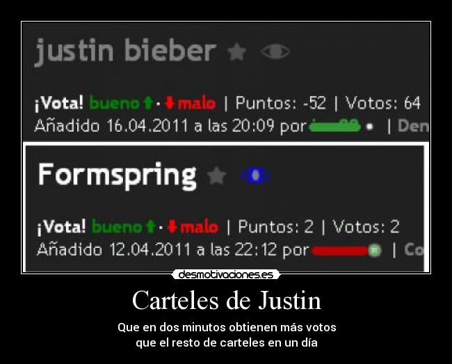 Carteles de Justin - Que en dos minutos obtienen más votos
que el resto de carteles en un día