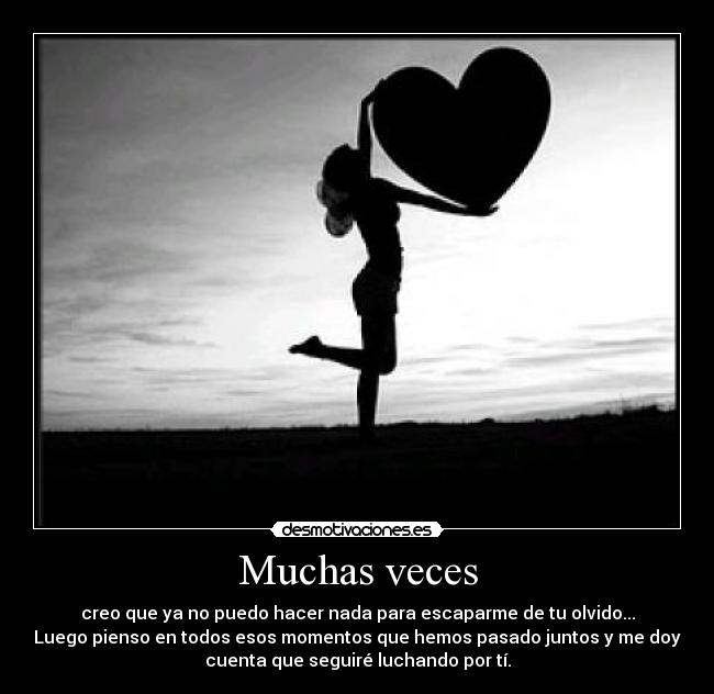 Muchas veces - creo que ya no puedo hacer nada para escaparme de tu olvido...
Luego pienso en todos esos momentos que hemos pasado juntos y me doy
cuenta que seguiré luchando por tí.