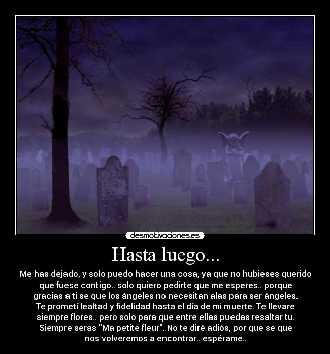 Hasta luego... - Me has dejado, y solo puedo hacer una cosa, ya que no hubieses querido
que fuese contigo.. solo quiero pedirte que me esperes.. porque
gracias a ti se que los ángeles no necesitan alas para ser ángeles.
Te prometí lealtad y fidelidad hasta el día de mi muerte. Te llevare
siempre flores.. pero solo para que entre ellas puedas resaltar tu.
Siempre seras Ma petite fleur. No te diré adiós, por que se que
nos volveremos a encontrar.. espérame..