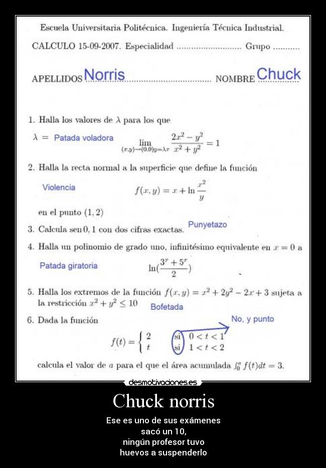 Chuck norris - Ese es uno de sus exámenes
sacó un 10,
ningún profesor tuvo
huevos a suspenderlo