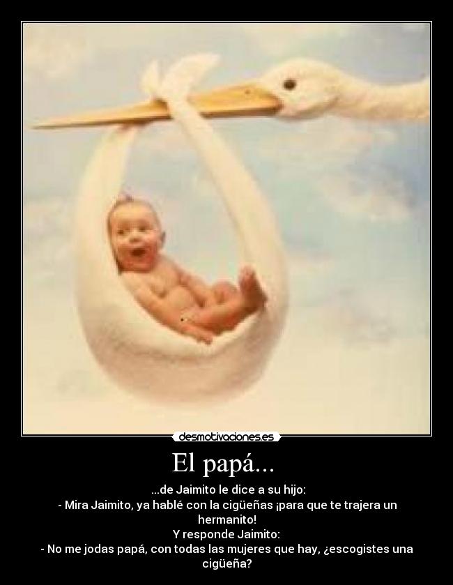 El papá...  -  ...de Jaimito le dice a su hijo:
- Mira Jaimito, ya hablé con la cigüeñas ¡para que te trajera un hermanito!
Y responde Jaimito:
- No me jodas papá, con todas las mujeres que hay, ¿escogistes una cigüeña?