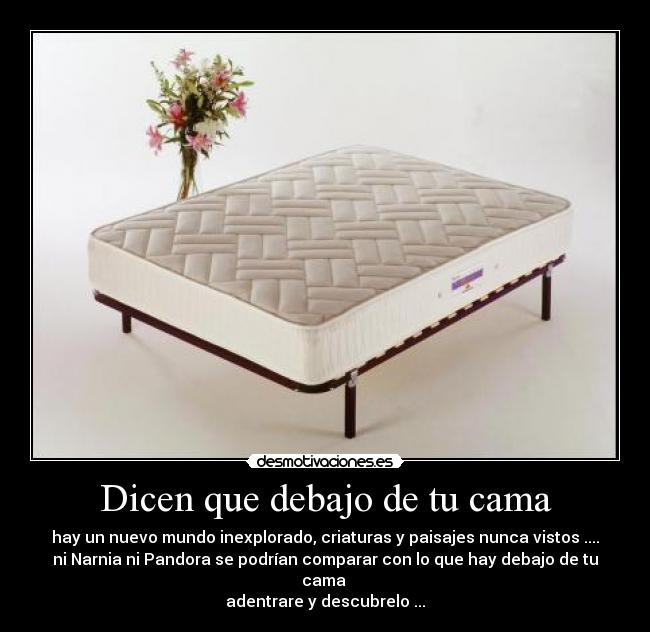 Dicen que debajo de tu cama - hay un nuevo mundo inexplorado, criaturas y paisajes nunca vistos ....
ni Narnia ni Pandora se podrían comparar con lo que hay debajo de tu cama
adentrare y descubrelo ...