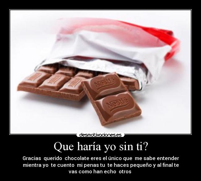 Que haría yo sin ti? - Gracias querido chocolate eres el único que me sabe entender
mientra yo te cuento mi penas tu te haces pequeño y al final te
vas como han echo otros