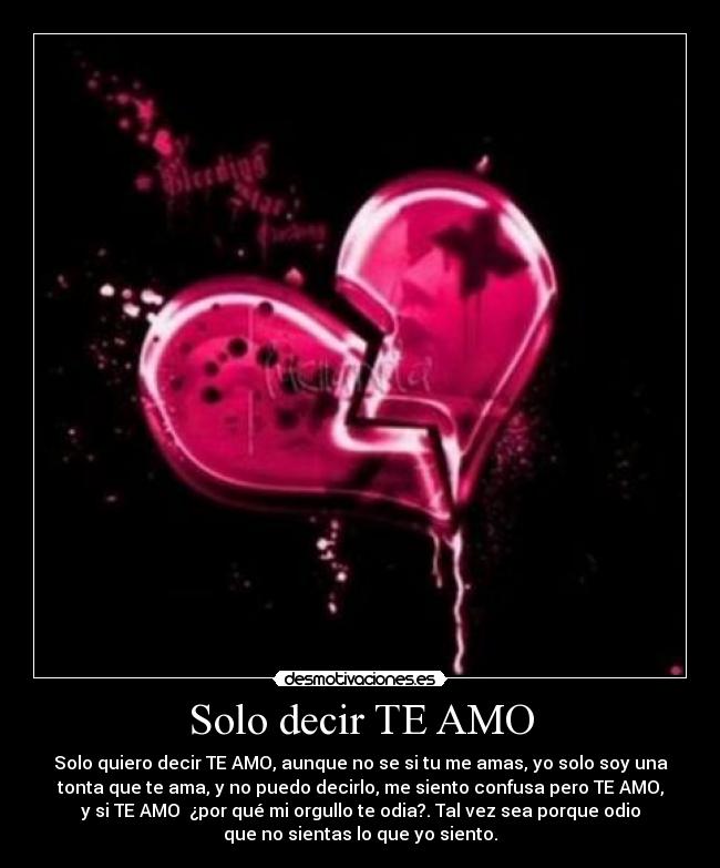 Solo decir TE AMO - Solo quiero decir TE AMO, aunque no se si tu me amas, yo solo soy una
tonta que te ama, y no puedo decirlo, me siento confusa pero TE AMO,
y si TE AMO ¿por qué mi orgullo te odia?. Tal vez sea porque odio
que no sientas lo que yo siento.