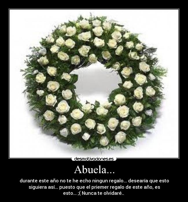 Abuela... - durante este año no te he echo ningun regalo... desearía que esto
siguiera así... puesto que el priemer regalo de este año, es
esto... ;( Nunca te olvidaré..