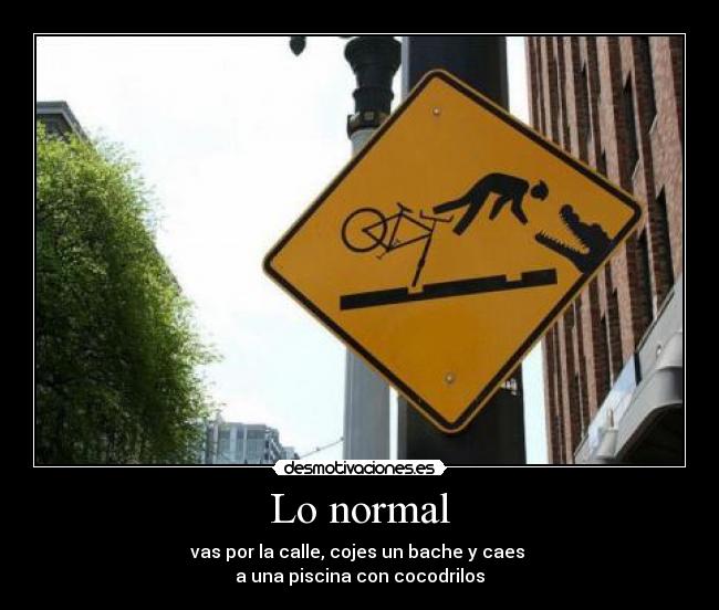carteles vas por calle cojes bache caes una piscina con cocodrilos normal desmotivaciones