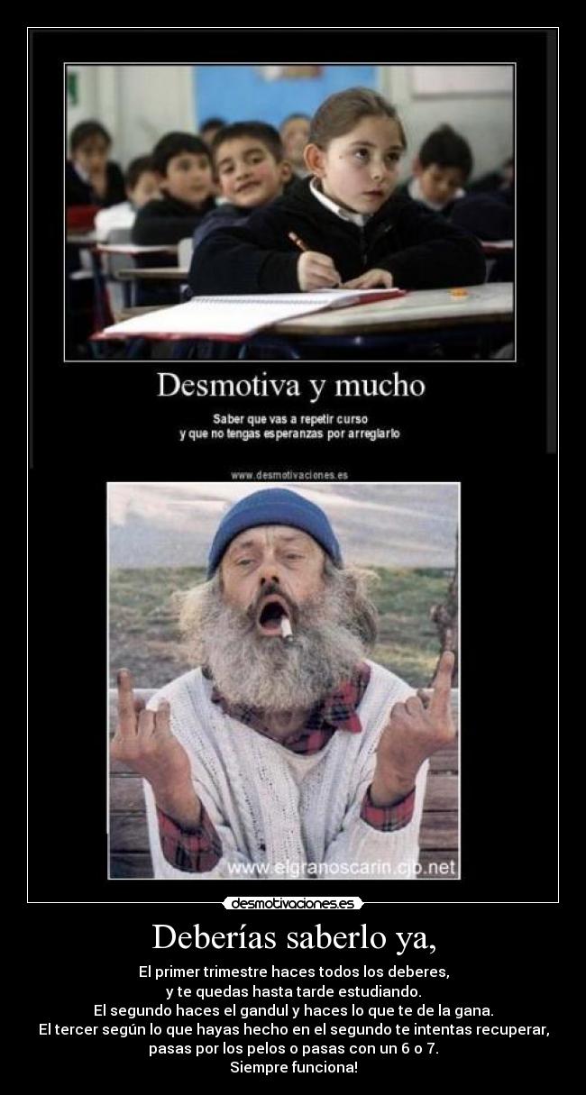 Deberías saberlo ya, - El primer trimestre haces todos los deberes,
y te quedas hasta tarde estudiando.
El segundo haces el gandul y haces lo que te de la gana.
El tercer según lo que hayas hecho en el segundo te intentas recuperar,
pasas por los pelos o pasas con un 6 o 7.
Siempre funciona!