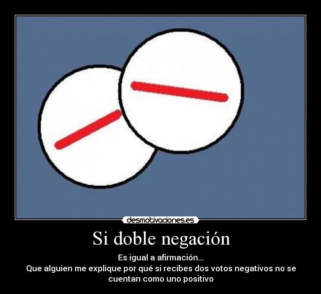 Si doble negación - Es igual a afirmación...
Que alguien me explique por qué si recibes dos votos negativos no se
cuentan como uno positivo