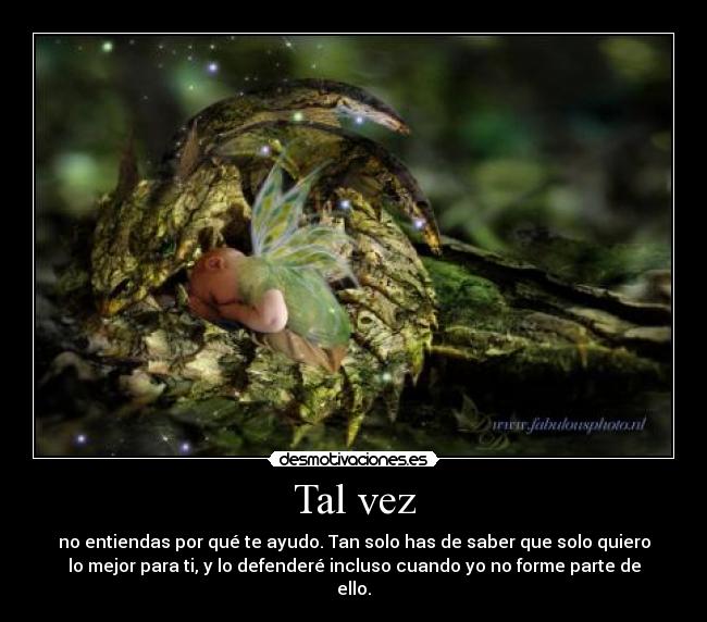 Tal vez - no entiendas por qué te ayudo. Tan solo has de saber que solo quiero
lo mejor para ti, y lo defenderé incluso cuando yo no forme parte de
ello.