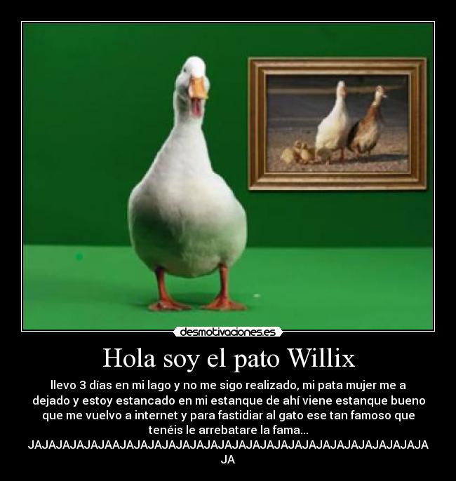 Hola soy el pato Willix - llevo 3 días en mi lago y no me sigo realizado, mi pata mujer me a
dejado y estoy estancado en mi estanque de ahí viene estanque bueno
que me vuelvo a internet y para fastidiar al gato ese tan famoso que
tenéis le arrebatare la fama...
JAJAJAJAJAJAAJAJAJAJAJAJAJAJAJAJAJAJAJAJAJAJAJAJAJAJAJAJA
JA