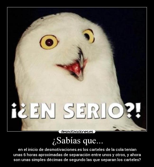 ¿Sabías que... - en el inicio de desmotivaciones.es los carteles de la cola tenían
unas 6 horas aproximadas de separación entre unos y otros, y ahora
son unas simples décimas de segundo las que separan los carteles?