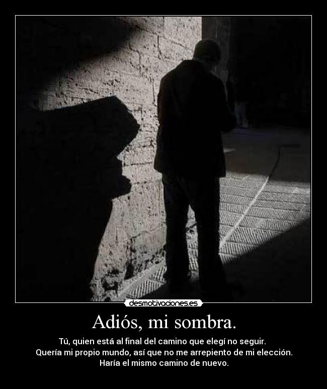 Adiós, mi sombra. - Tú, quien está al final del camino que elegí no seguir.
Quería mi propio mundo, así que no me arrepiento de mi elección.
Haría el mismo camino de nuevo.