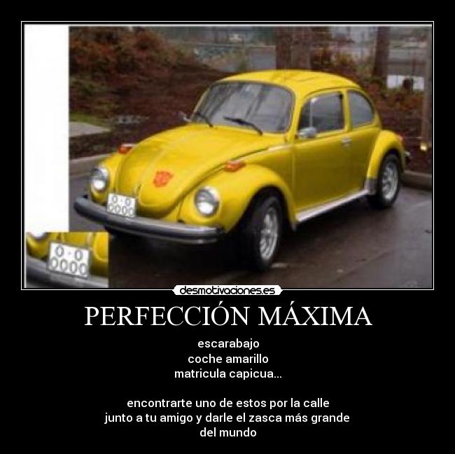 PERFECCIÓN MÁXIMA - escarabajo
coche amarillo
matricula capicua...
encontrarte uno de estos por la calle
junto a tu amigo y darle el zasca más grande
del mundo