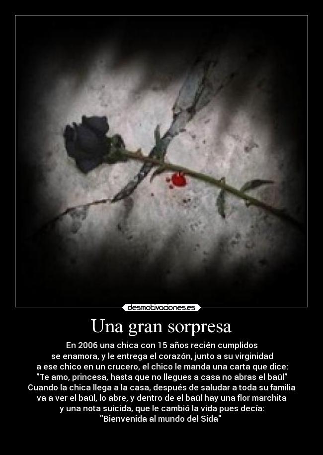 Una gran sorpresa - En 2006 una chica con 15 años recién cumplidos
se enamora, y le entrega el corazón, junto a su virginidad
a ese chico en un crucero, el chico le manda una carta que dice:
Te amo, princesa, hasta que no llegues a casa no abras el baúl
Cuando la chica llega a la casa, después de saludar a toda su familia
va a ver el baúl, lo abre, y dentro de el baúl hay una flor marchita
y una nota suicida, que le cambió la vida pues decía:
Bienvenida al mundo del Sida