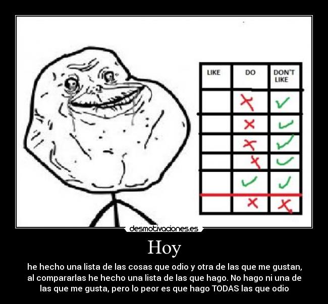 Hoy - he hecho una lista de las cosas que odio y otra de las que me gustan,
al compararlas he hecho una lista de las que hago. No hago ni una de
las que me gusta, pero lo peor es que hago TODAS las que odio