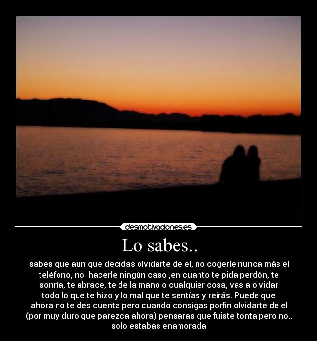 Lo sabes.. - sabes que aun que decidas olvidarte de el, no cogerle nunca más el
teléfono, no  hacerle ningún caso ,en cuanto te pida perdón, te
sonría, te abrace, te de la mano o cualquier cosa, vas a olvidar
todo lo que te hizo y lo mal que te sentías y reirás. Puede que
ahora no te des cuenta pero cuando consigas porfin olvidarte de el
(por muy duro que parezca ahora) pensaras que fuiste tonta pero no..
solo estabas enamorada