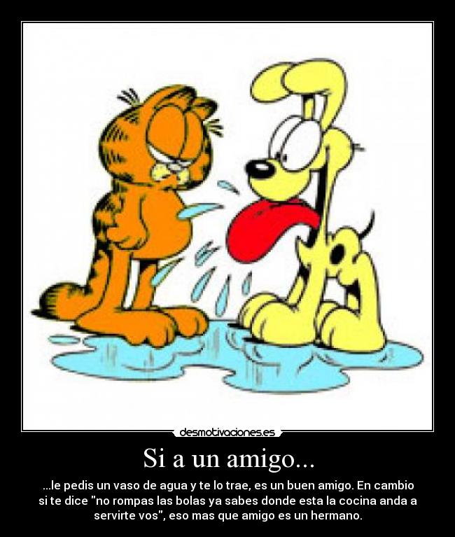 Si a un amigo... - ...le pedis un vaso de agua y te lo trae, es un buen amigo. En cambio
si te dice no rompas las bolas ya sabes donde esta la cocina anda a
servirte vos, eso mas que amigo es un hermano.