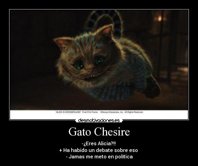 Gato Chesire - -¿Eres Alicia?!! 
+ Ha habido un debate sobre eso 
- Jamas me meto en política