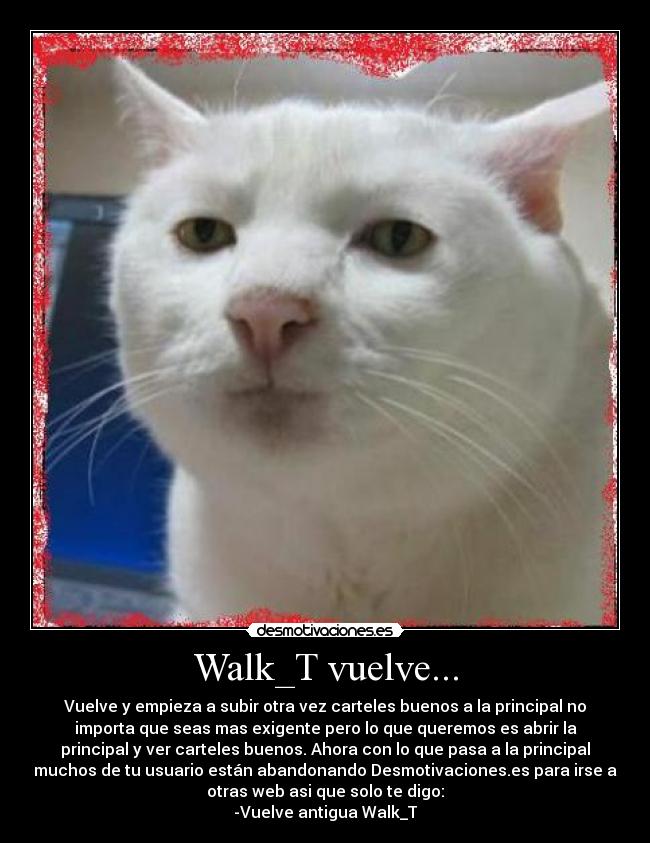 Walk_T vuelve... - Vuelve y empieza a subir otra vez carteles buenos a la principal no
importa que seas mas exigente pero lo que queremos es abrir la
principal y ver carteles buenos. Ahora con lo que pasa a la principal
muchos de tu usuario están abandonando Desmotivaciones.es para irse a
otras web asi que solo te digo:
-Vuelve antigua Walk_T